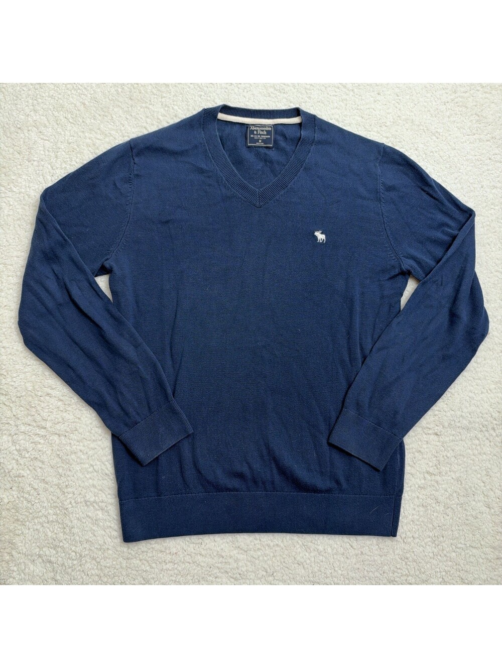 Abercrombie & Fitch V Neck Sweater Mens Medium Navy Blue Moose Logo Preppy Knit